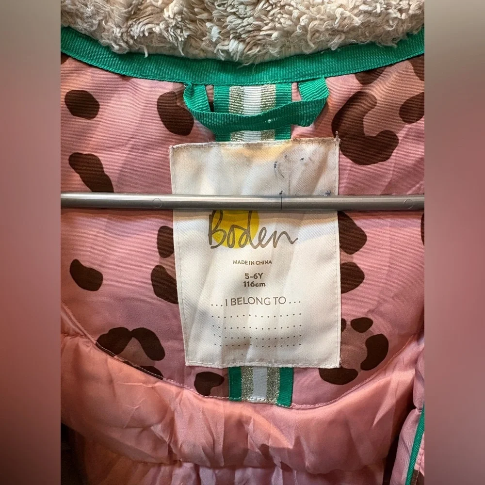 Mini Boden Pink Animal Print Waterproof Parka Size 5-6y